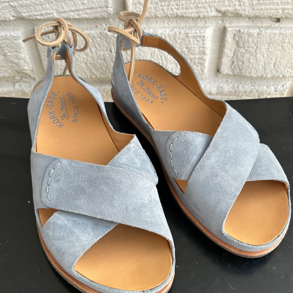 KORK EASE Rebecca US 7 EU 37.5 Blue Suede Slingback Tie Comfort Sandals Shoes .